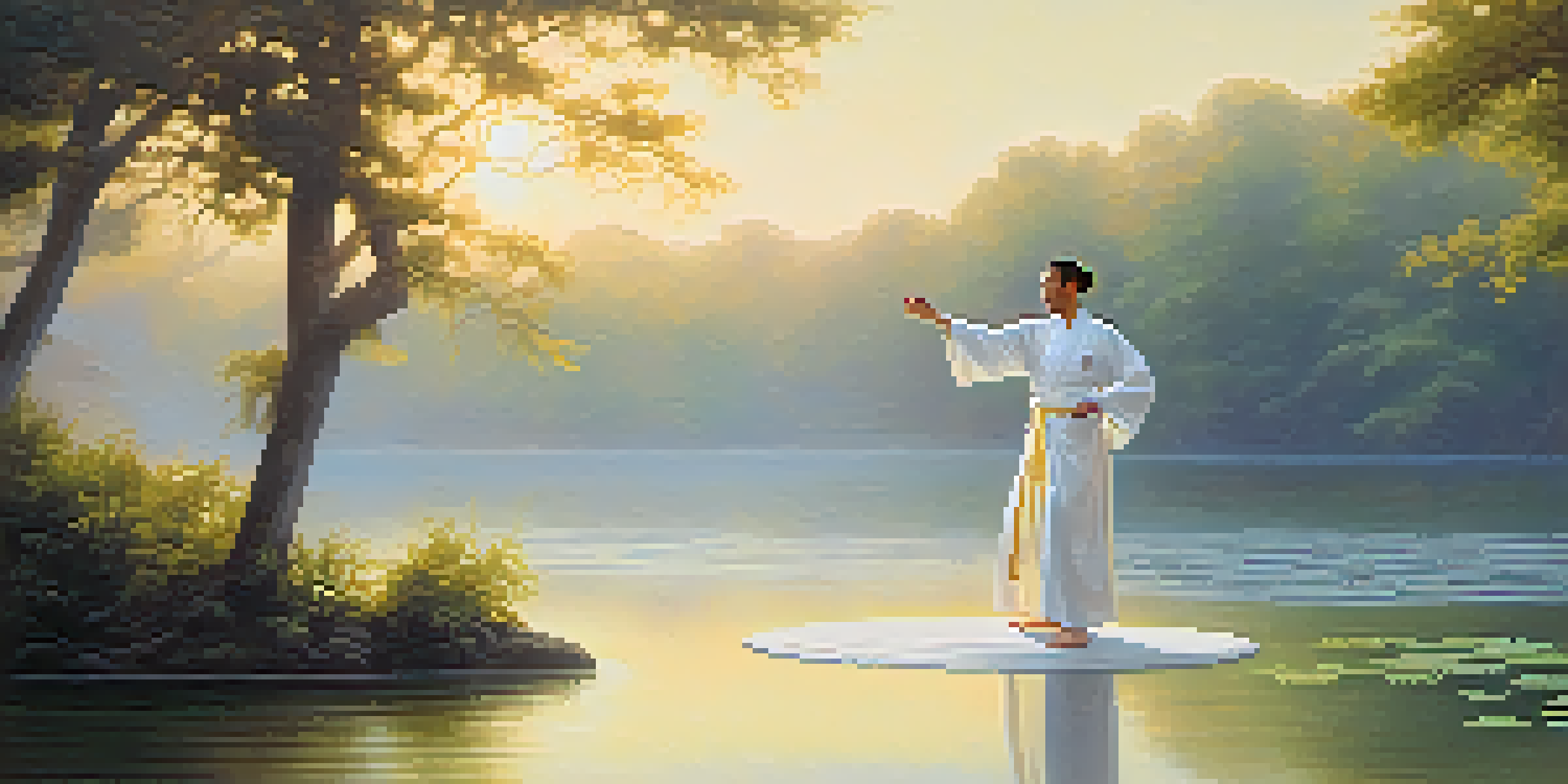 A person practicing Tai Chi in a white robe on a calm lake during sunrise, with mist and greenery around.