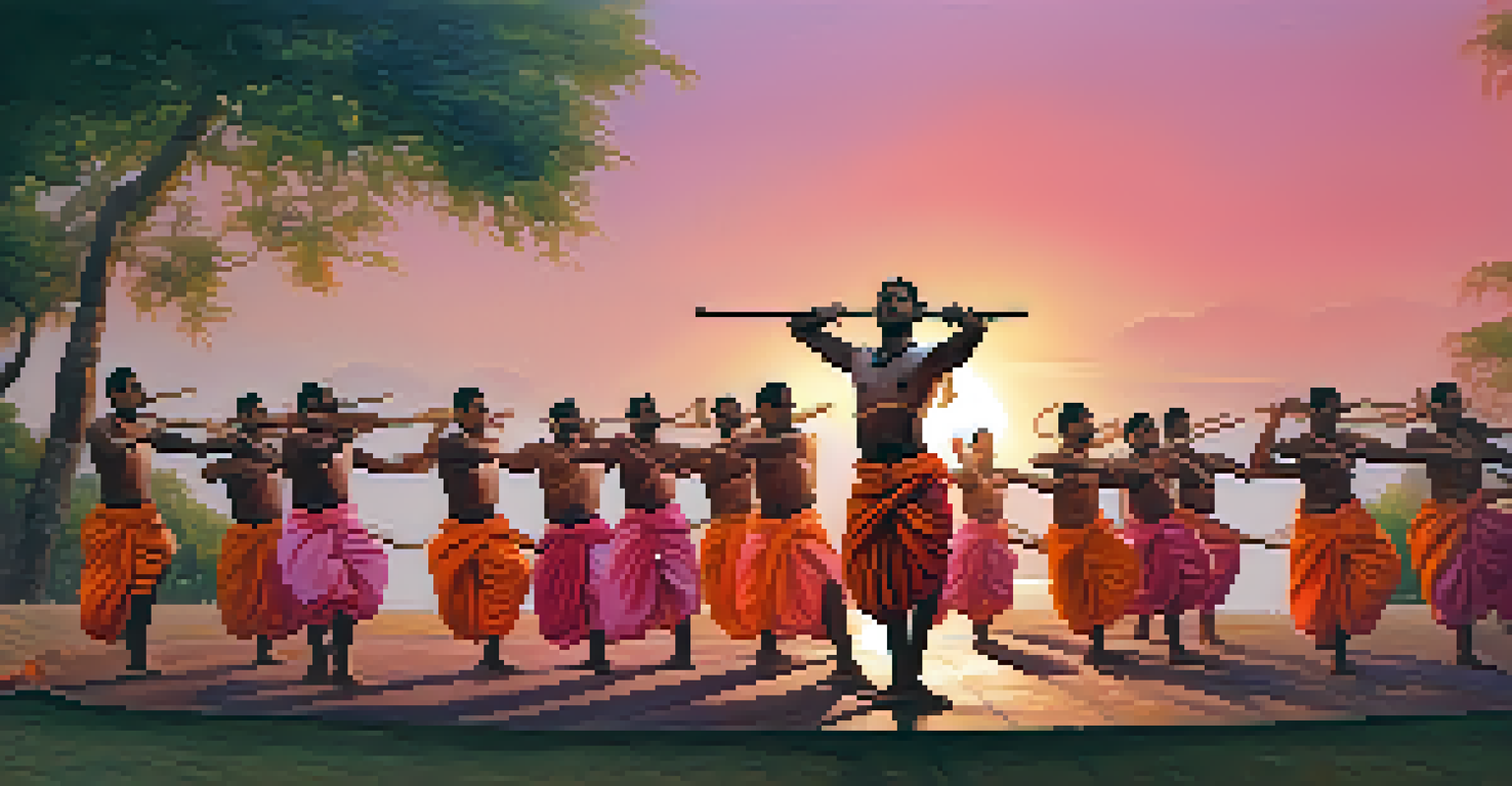 A Kalaripayattu performance at sunset with practitioners and an engaged audience.