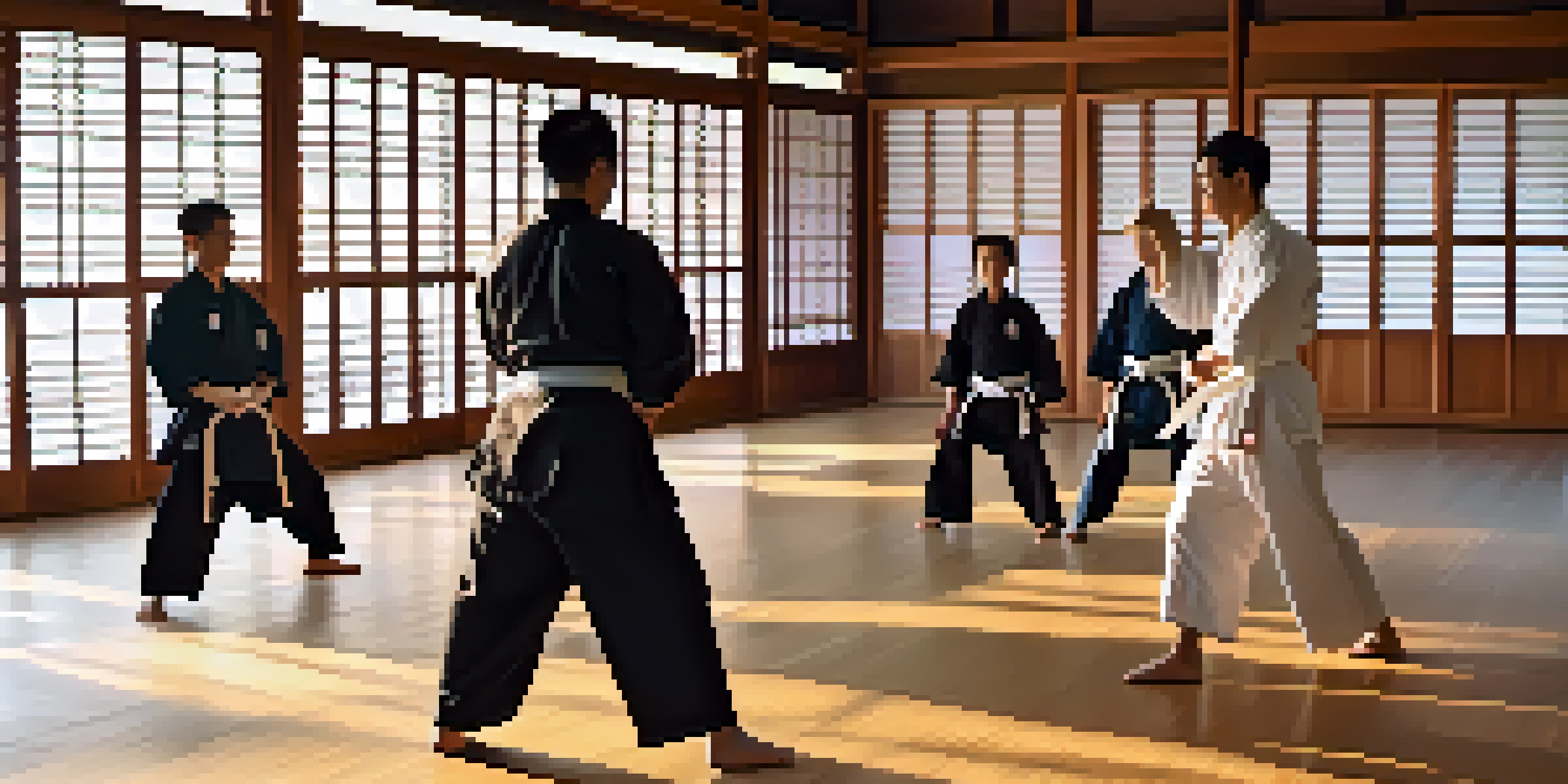 A peaceful dojo at sunrise with a sensei instructing students in traditional martial arts, surrounded by wooden floors and calligraphy.