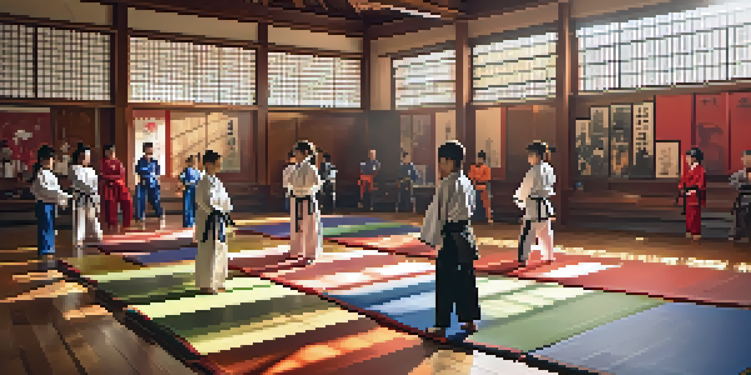 A diverse group of martial arts students practicing in a bright dojo, highlighting inclusion and community spirit.