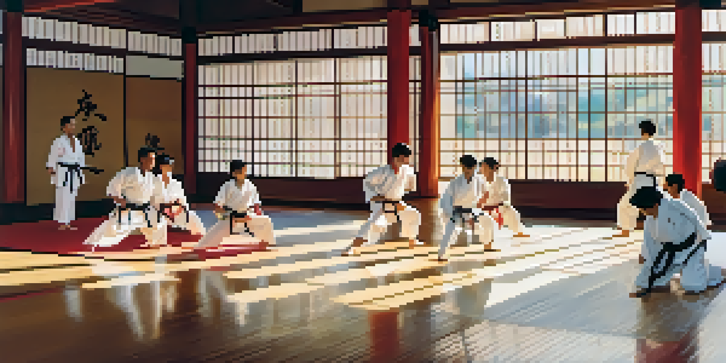 A group of martial artists training in a bright dojo, displaying different martial arts techniques with a polished wooden floor and large windows.