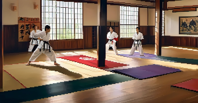 A peaceful dojo with students in martial arts uniforms bowing to each other, showcasing respect and unity.