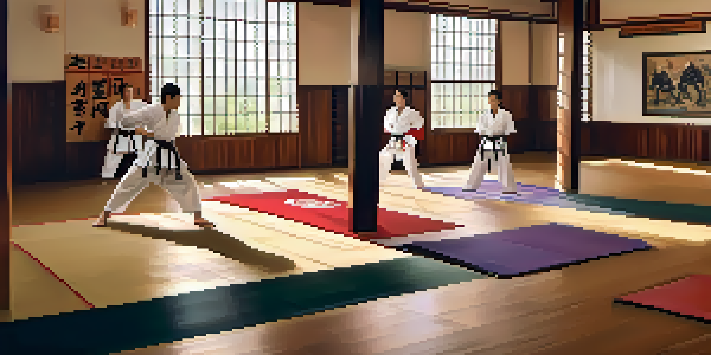 A peaceful dojo with students in martial arts uniforms bowing to each other, showcasing respect and unity.