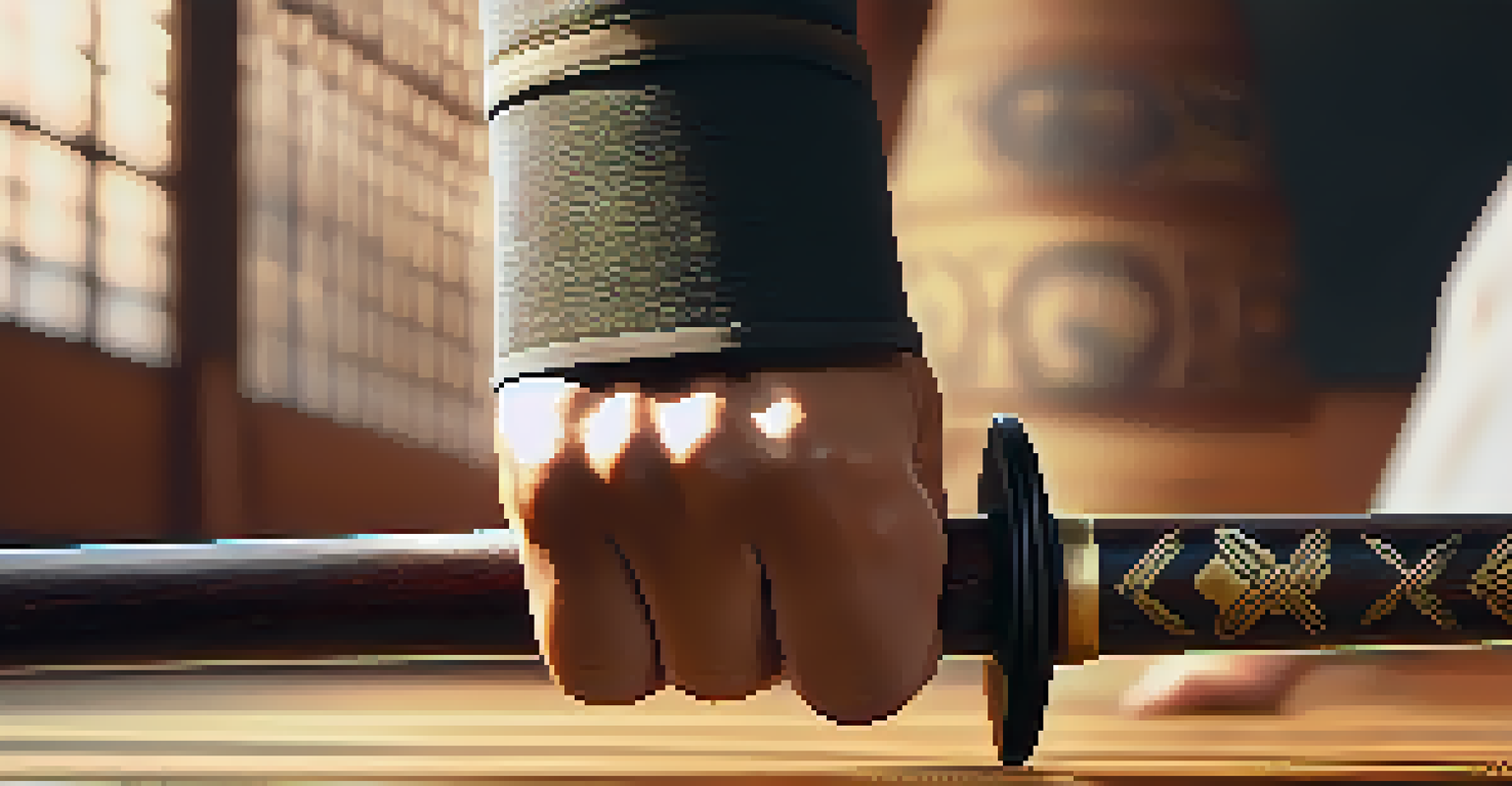Close-up of hands gripping a wooden sword in a martial arts stance, with a dojo background.