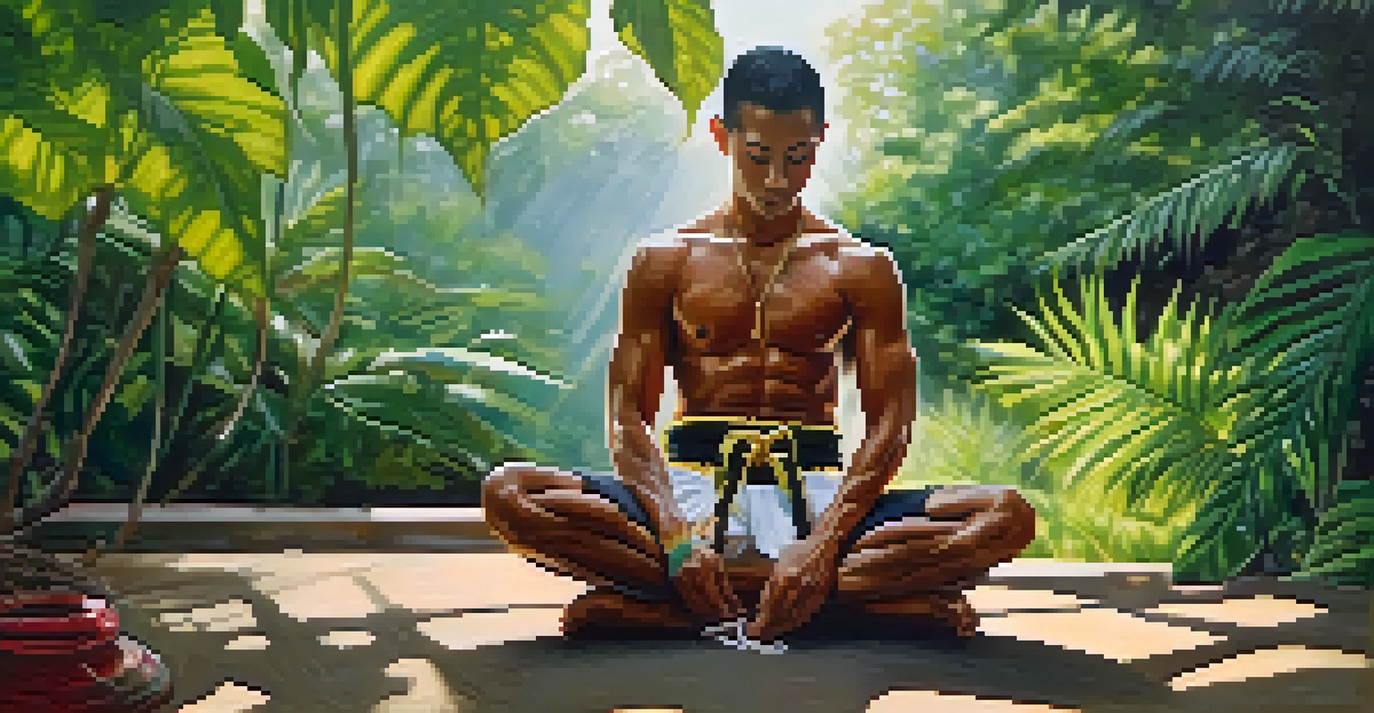 A Muay Thai practitioner meditating outdoors, surrounded by nature, emphasizing the mental aspect of the sport.