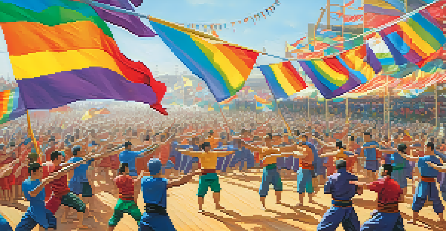 An outdoor martial arts event with diverse fighters showcasing their skills, surrounded by a cheering crowd.