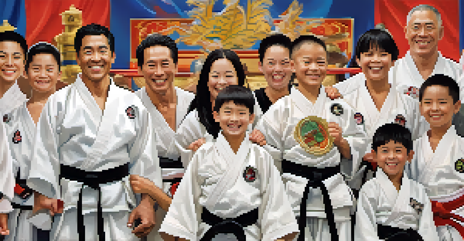 A family celebrating a belt promotion in martial arts, showing joy and pride.