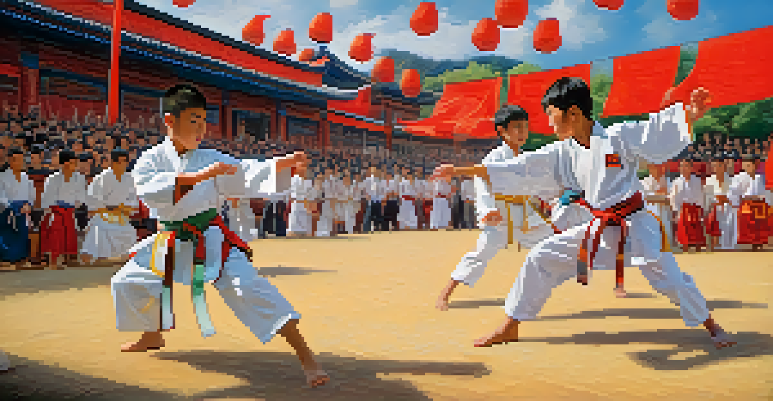 Young martial artists competing in a tournament, performing techniques with spectators cheering in the background.