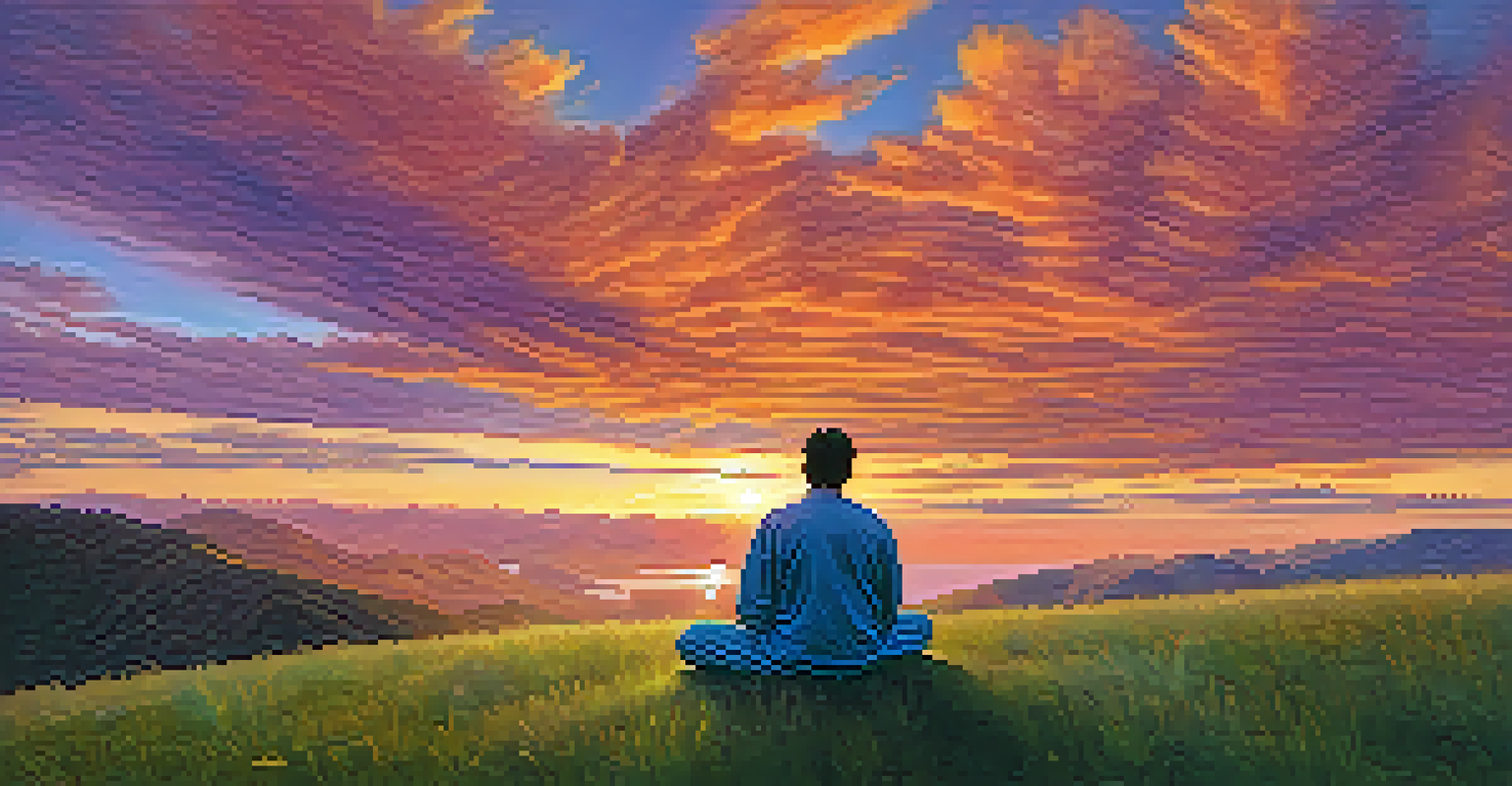 A person seated on a grassy hilltop at sunset, practicing breathing techniques, surrounded by vibrant colors of the sky and a peaceful ambiance.