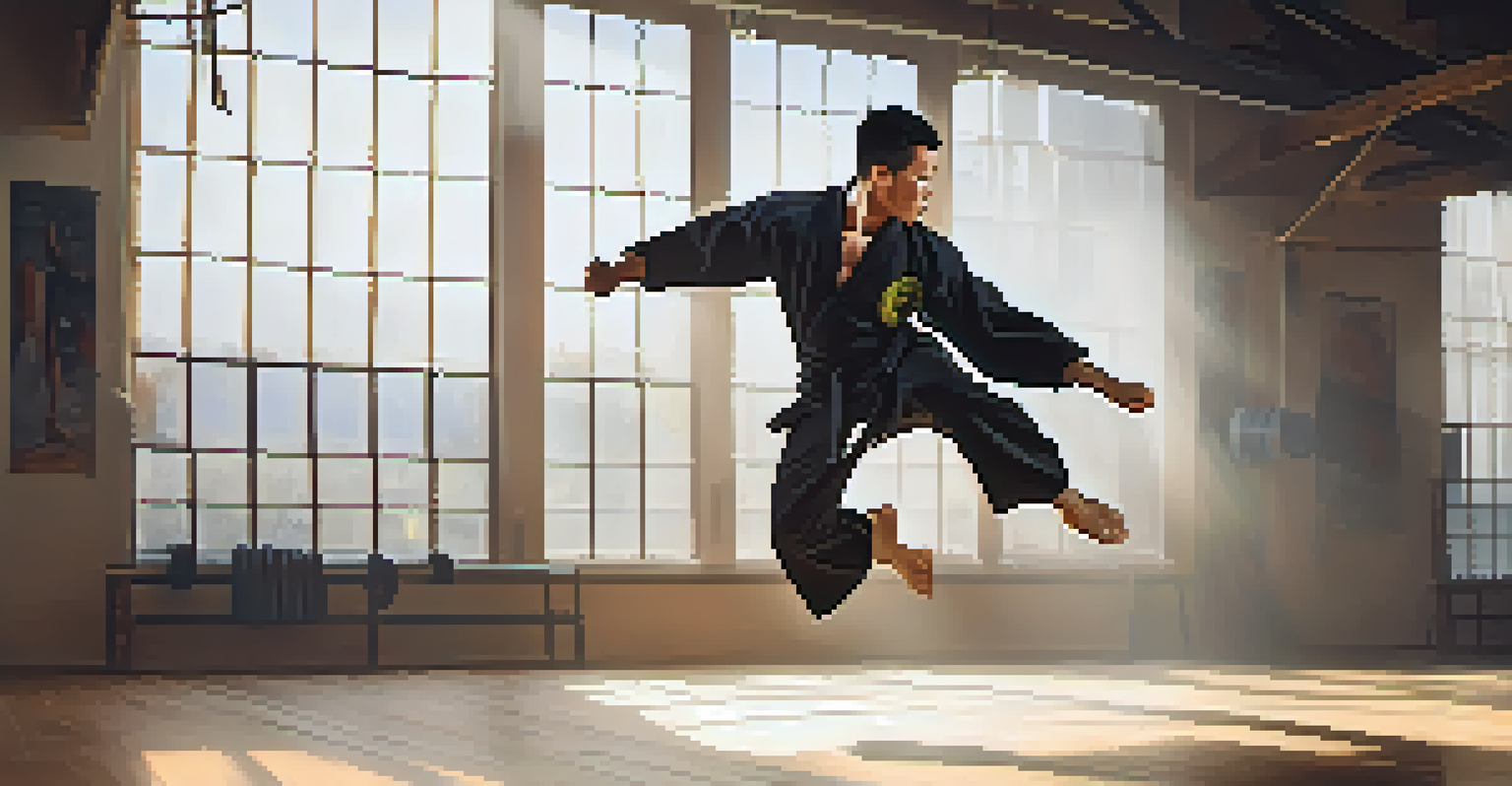 A martial artist performing a jump squat mid-air in a bright training studio.