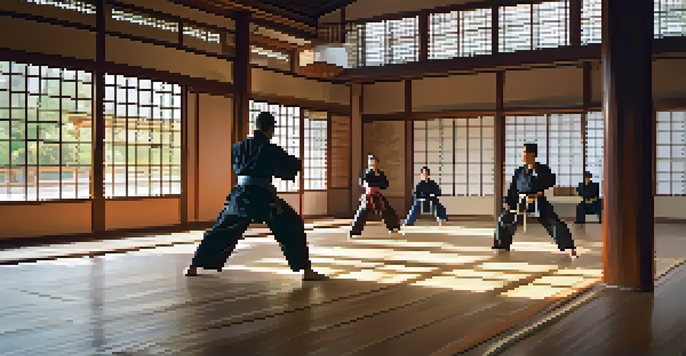 A diverse group of martial artists practicing in a bright dojo, with sunlight streaming through the windows.