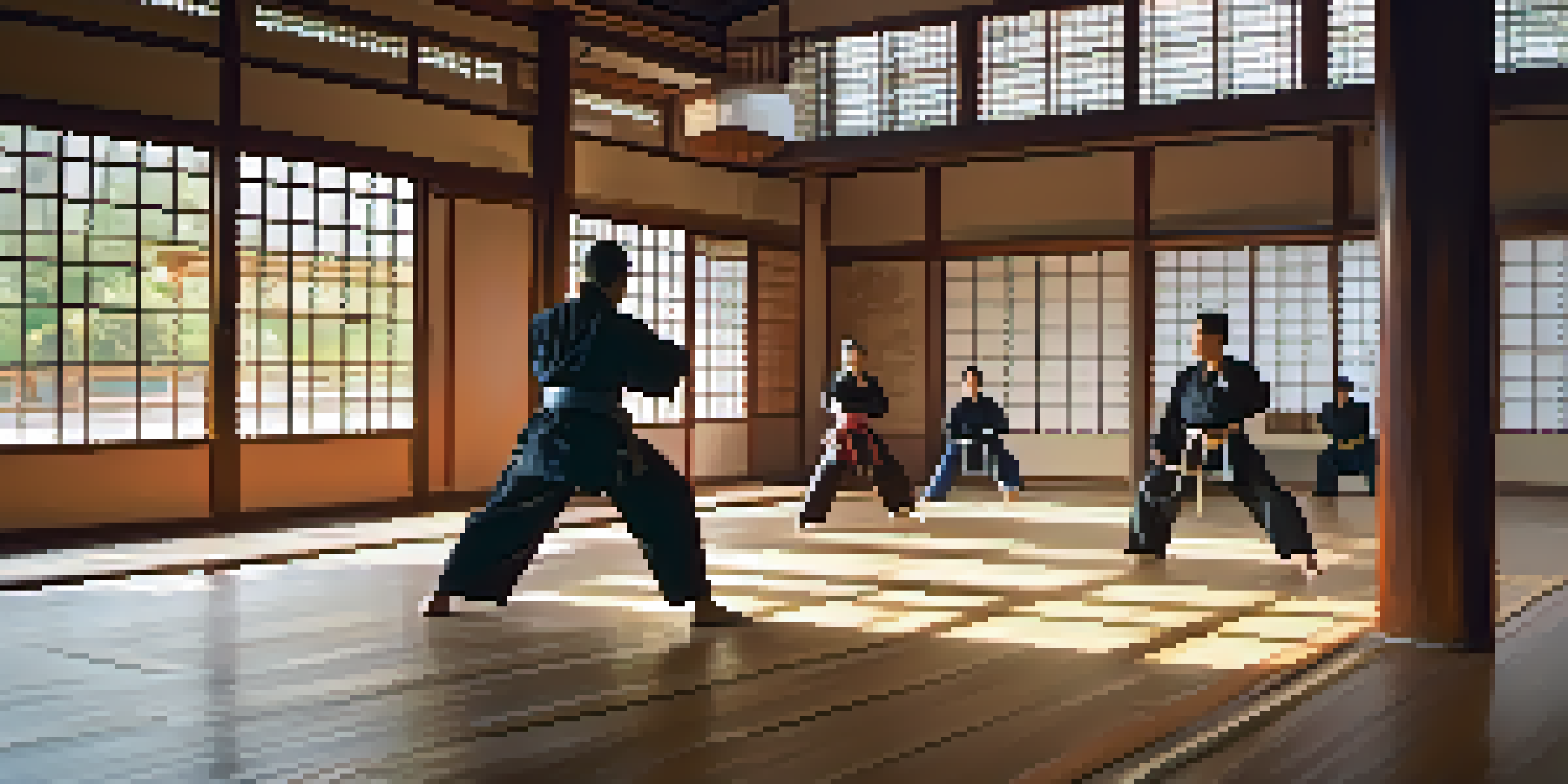 A diverse group of martial artists practicing in a bright dojo, with sunlight streaming through the windows.