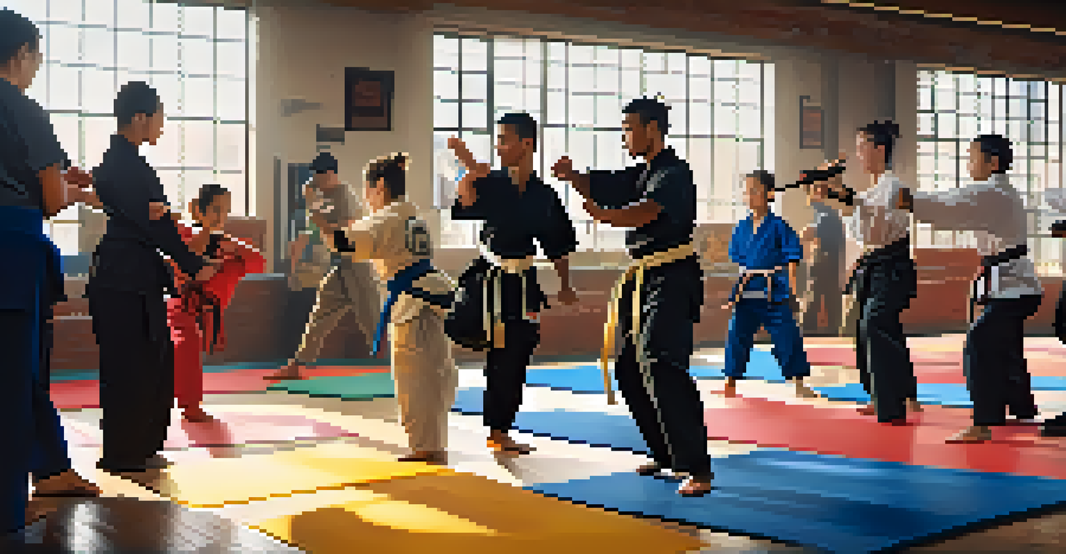 A lively martial arts class in an urban environment with diverse participants practicing self-defense techniques using weapons.