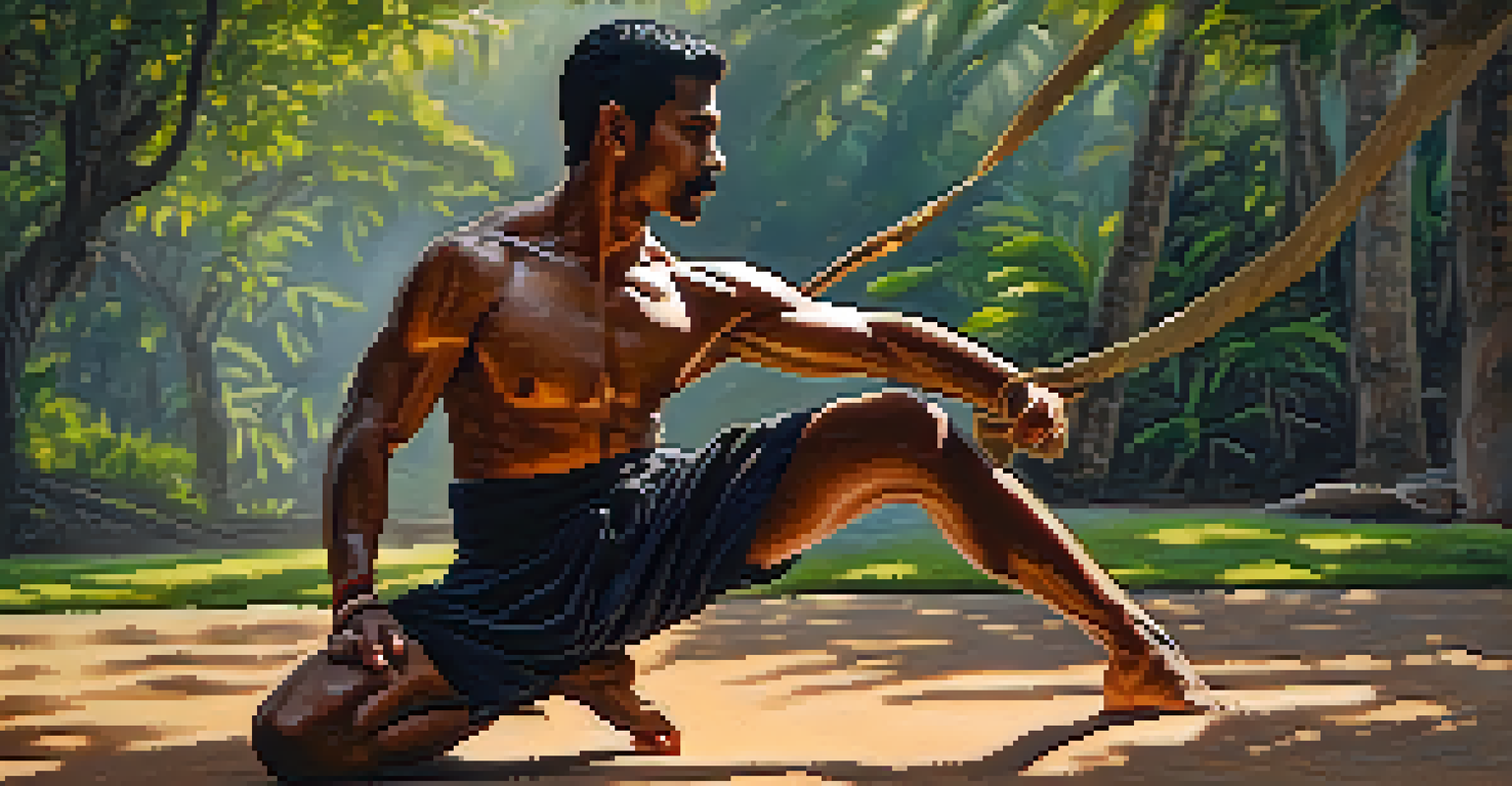 A close-up of a martial artist performing Kalaripayattu in a natural setting, showcasing intricate footwork and traditional attire.