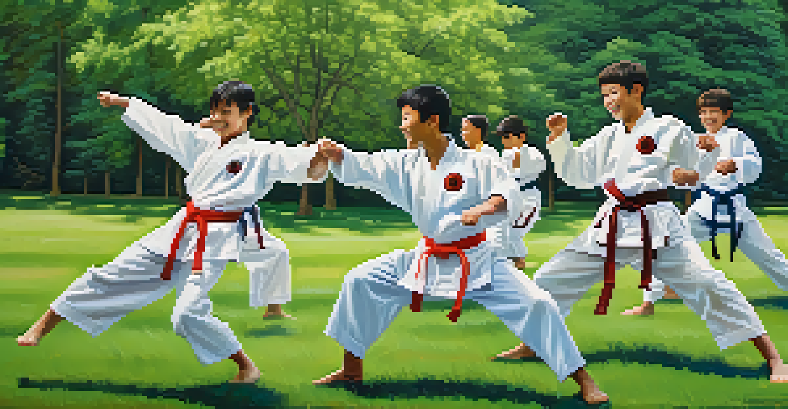 A group of young martial artists practicing together in a park, displaying teamwork and joy.