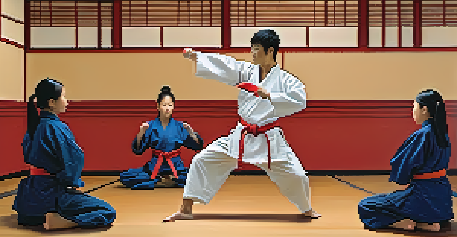 A martial arts instructor teaching self-defense techniques to students in a welcoming dojo.