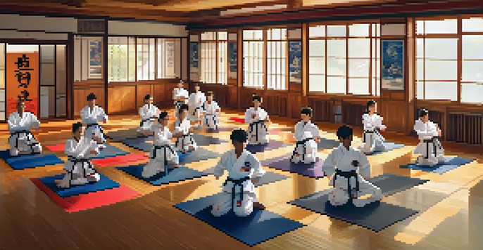 A group of martial arts students practicing karate in a sunlit dojo with wooden floors and colorful uniforms.