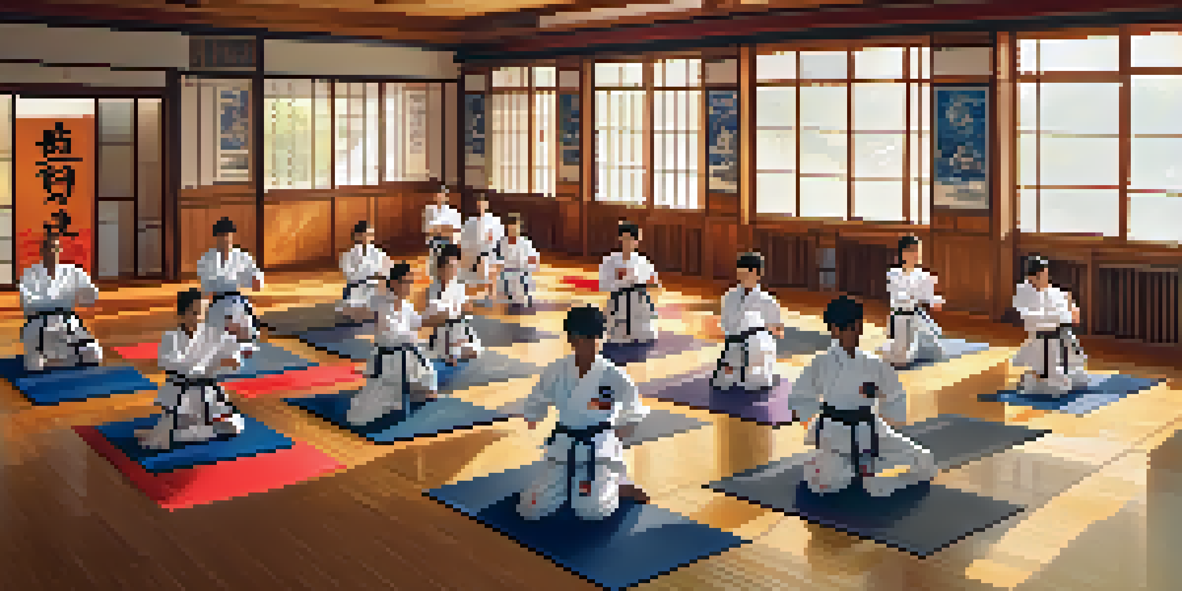 A group of martial arts students practicing karate in a sunlit dojo with wooden floors and colorful uniforms.