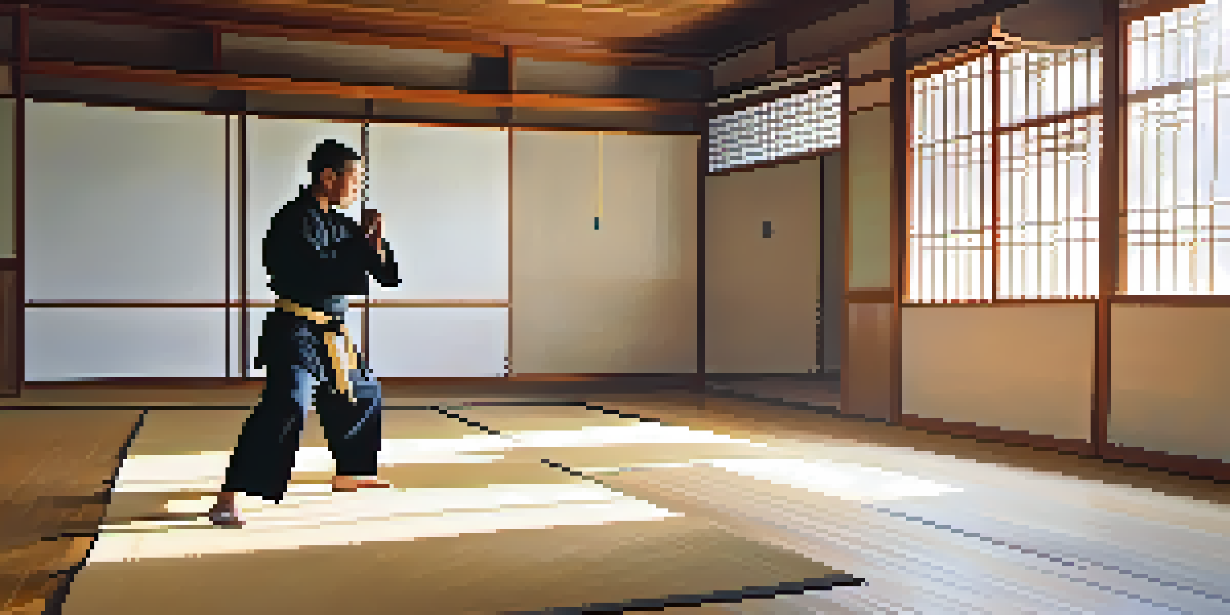 A martial artist practicing kata in a well-lit dojo with wooden floors and traditional Japanese decorations.