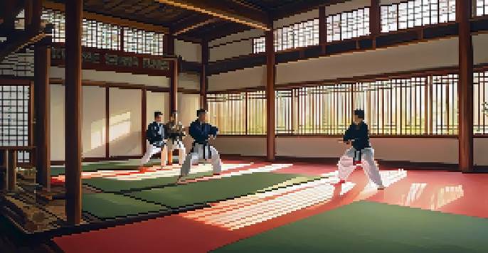 A diverse group of martial artists practicing in a sunlit dojo with bamboo flooring and traditional decor, surrounded by a tranquil garden.