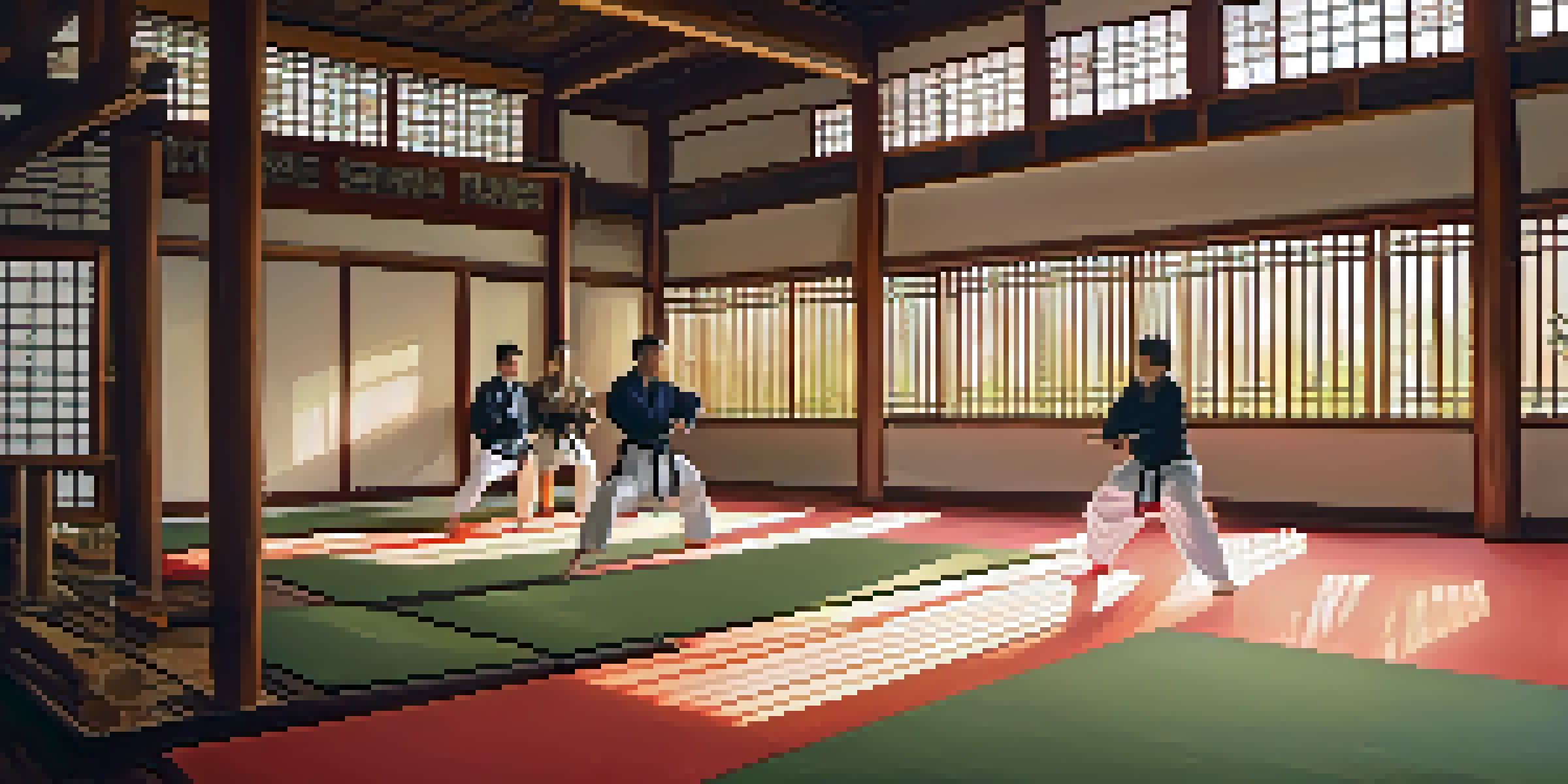 A diverse group of martial artists practicing in a sunlit dojo with bamboo flooring and traditional decor, surrounded by a tranquil garden.