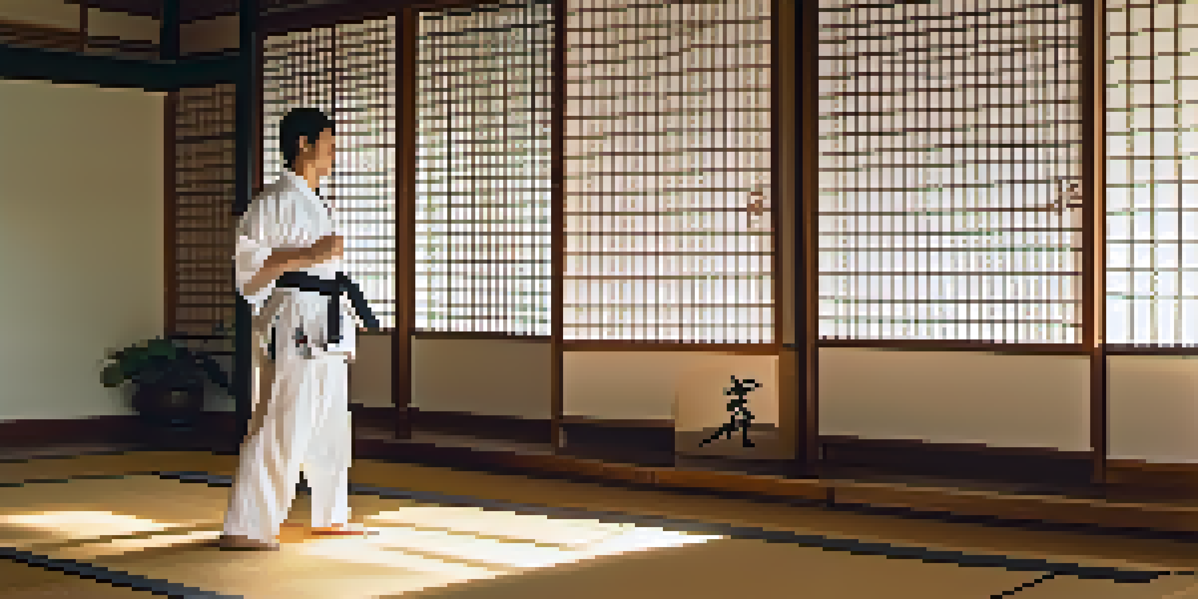 A martial artist practicing in a serene dojo with sunlight filtering through shoji screens.
