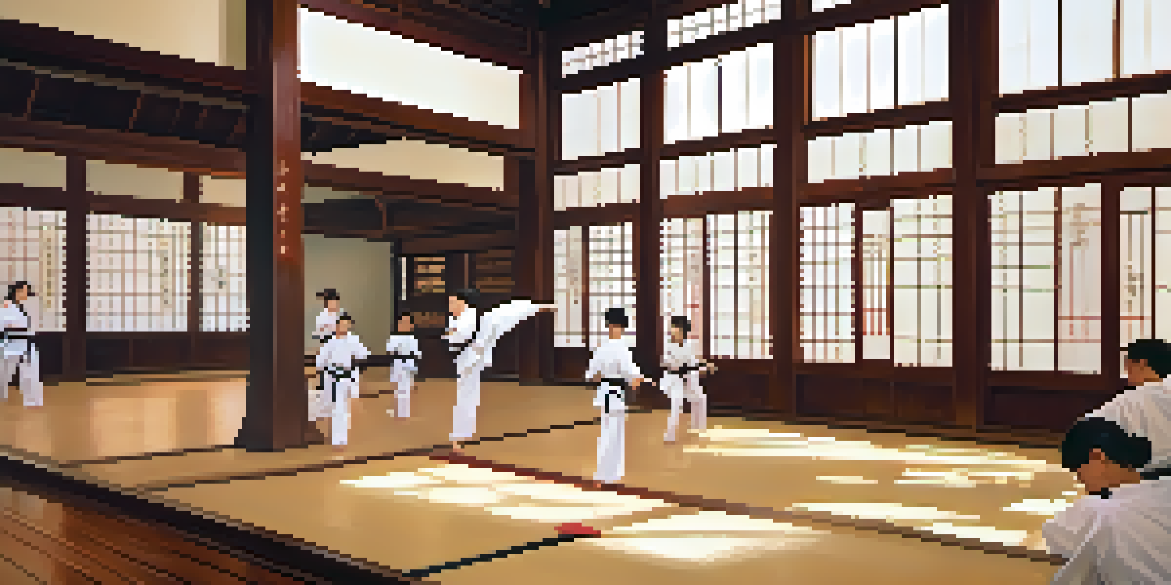A peaceful dojo where diverse martial arts students practice together, surrounded by soft lighting and traditional decor.