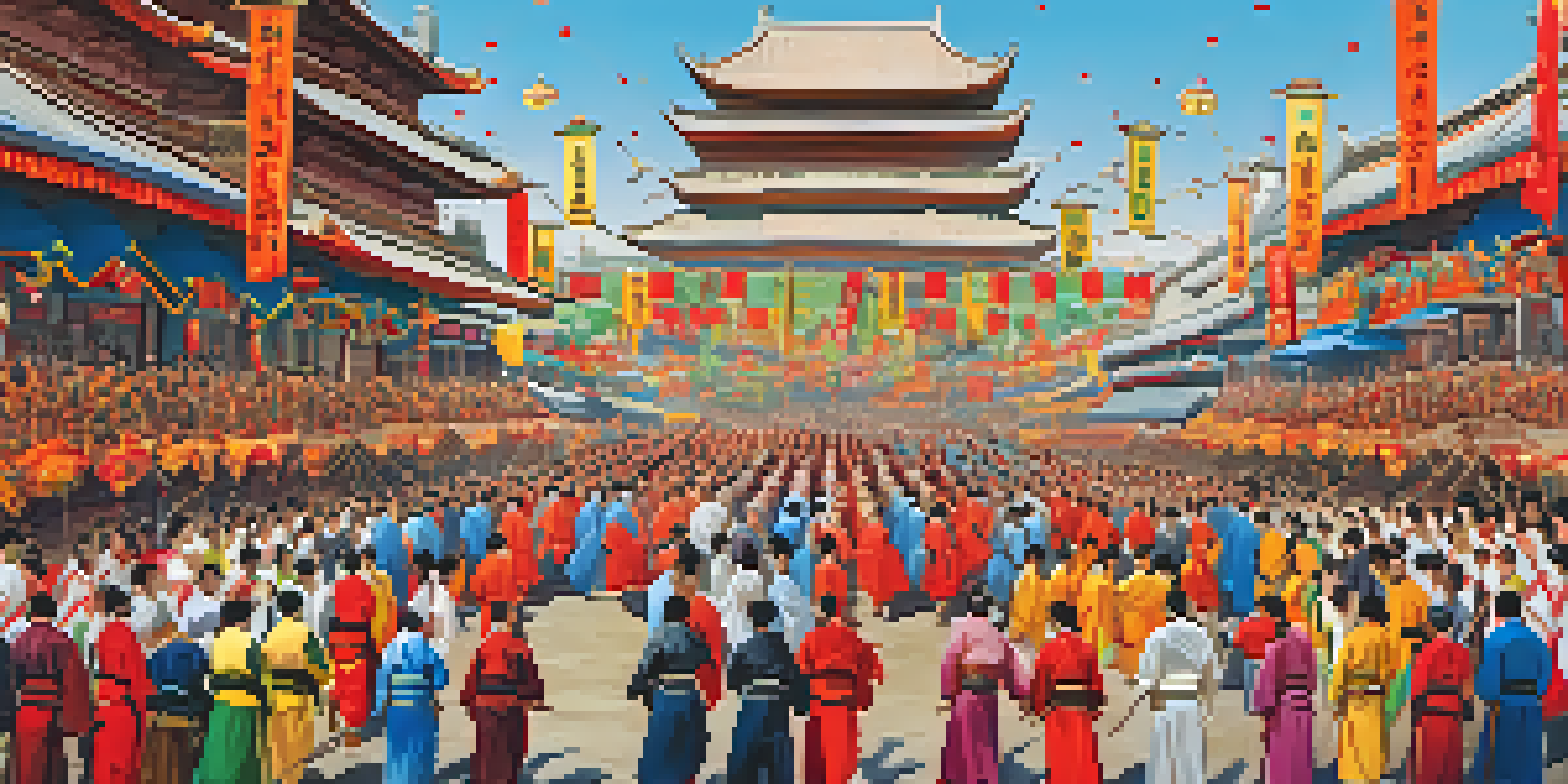A lively cultural festival with martial arts practitioners in colorful uniforms performing techniques, surrounded by a diverse audience and decorated with banners.