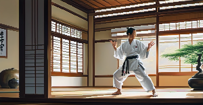 A martial artist practicing kata in a tranquil dojo, with soft lighting and bamboo plants.