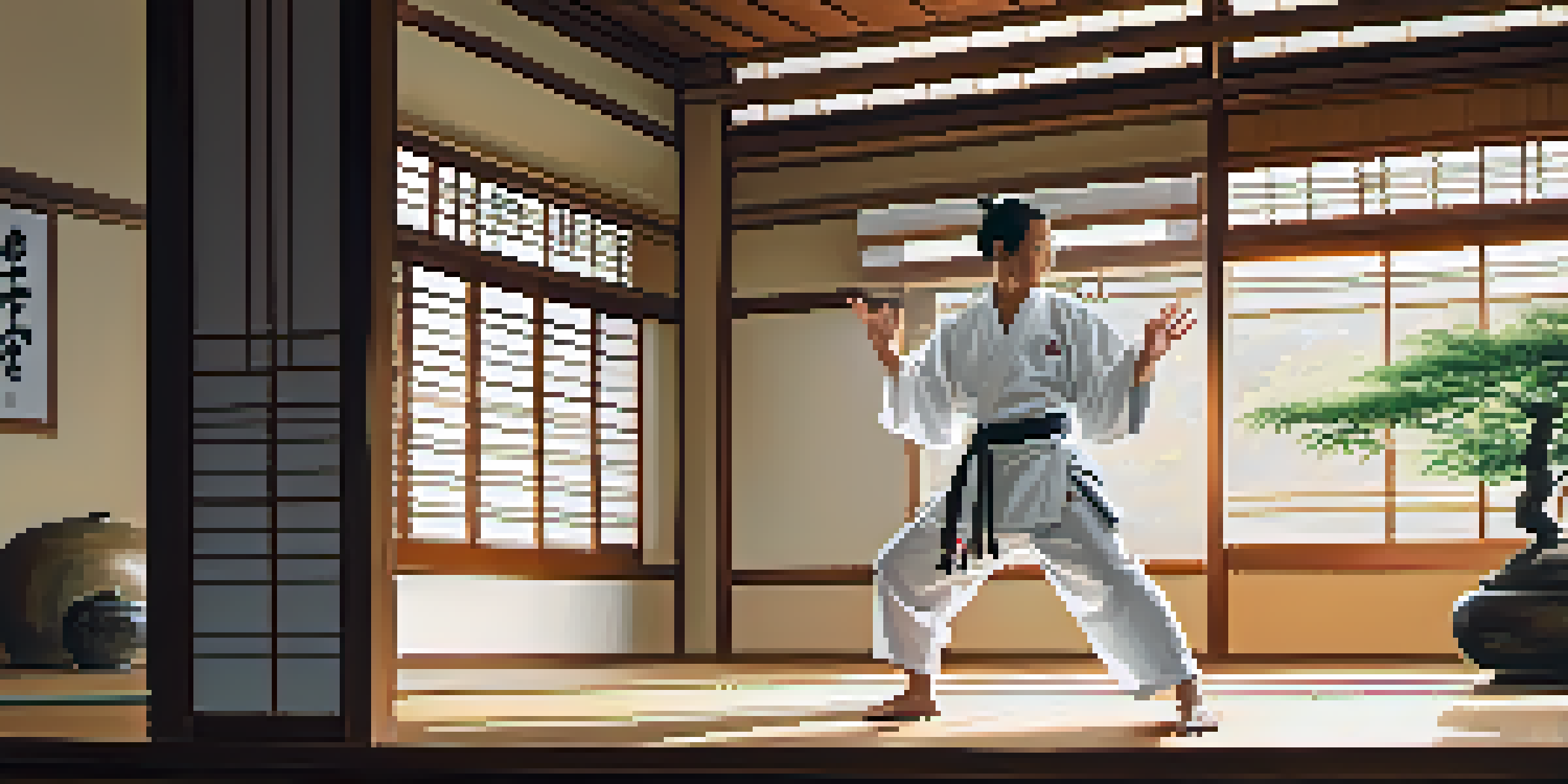 A martial artist practicing kata in a tranquil dojo, with soft lighting and bamboo plants.