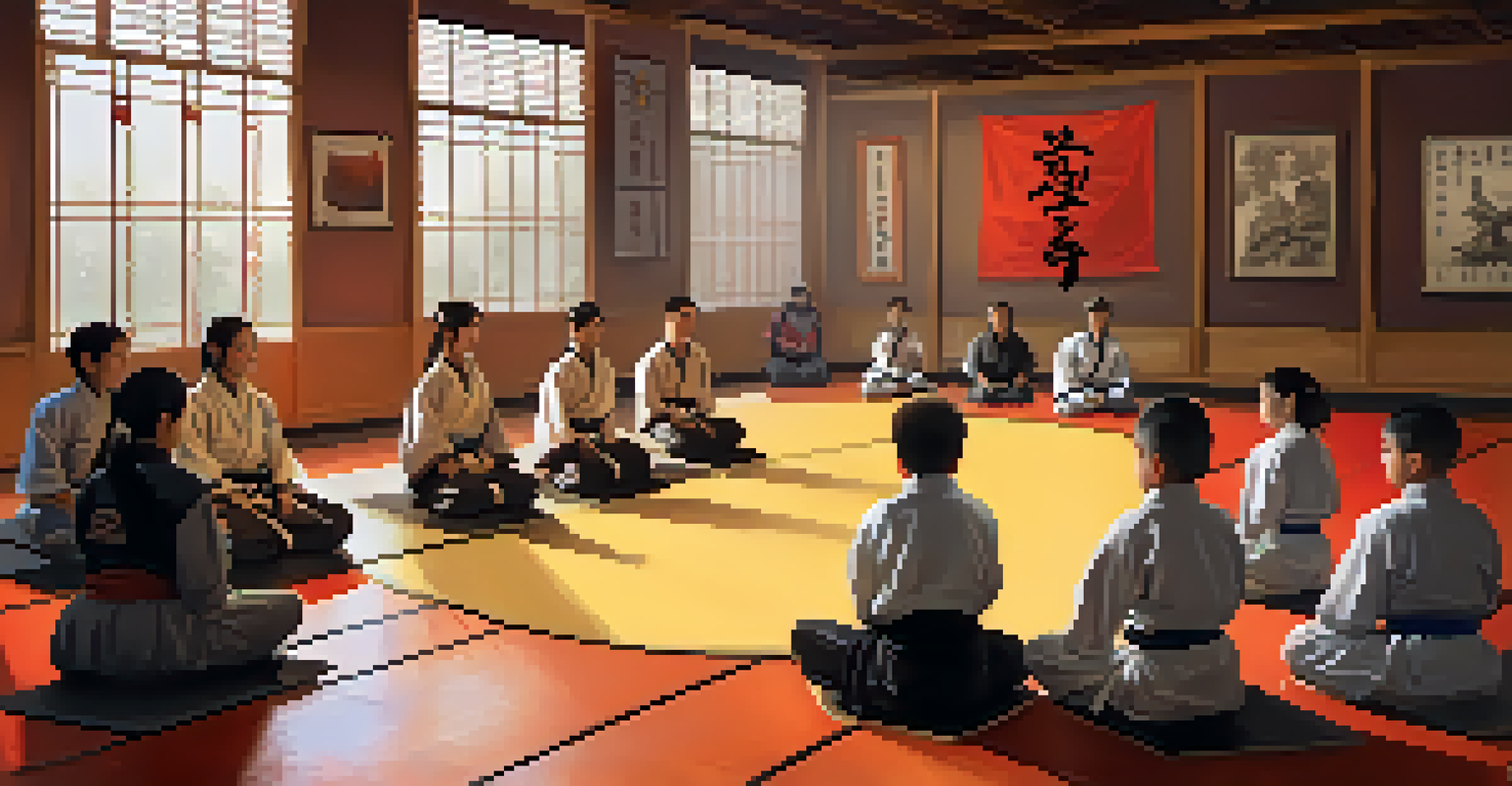A diverse group of students in an educational workshop on cultural appreciation in martial arts, listening to a cultural representative surrounded by visual aids.