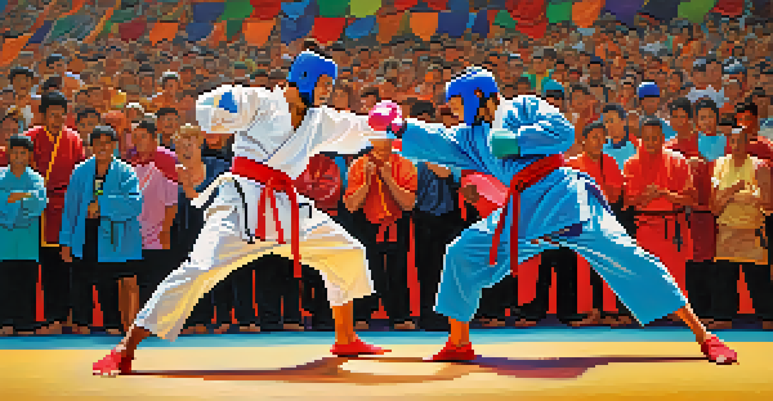 Two martial artists sparring in a vibrant dojo with a supportive crowd in the background.
