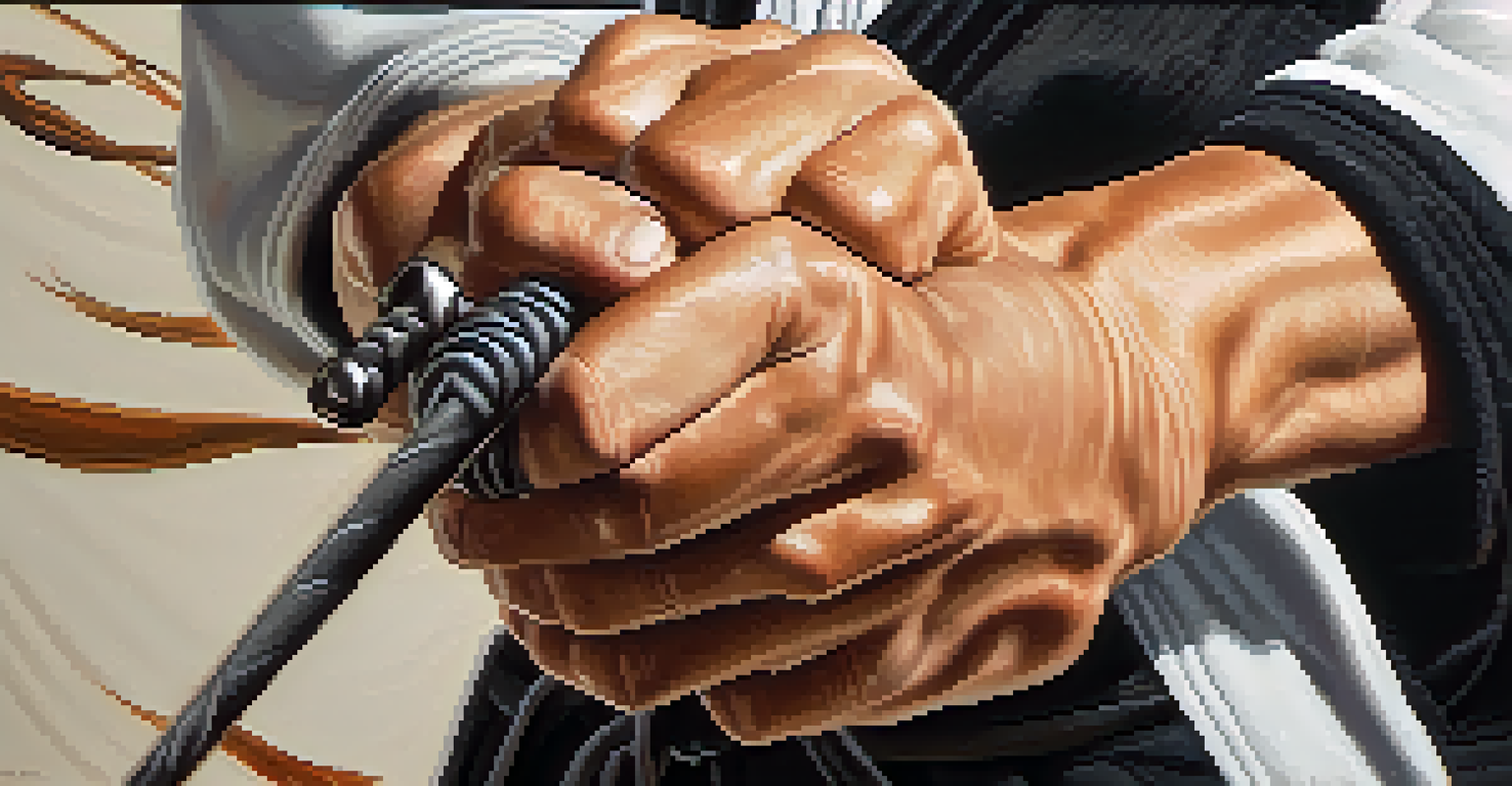A close-up of a focused martial artist's hand gripping a training weapon, highlighting the details of the weapon and the intensity of the moment.