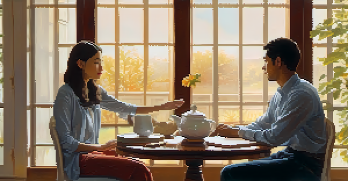 A calm negotiation between two individuals in a cozy room with warm colors and soft lighting, showing open body language and a teapot on the table.