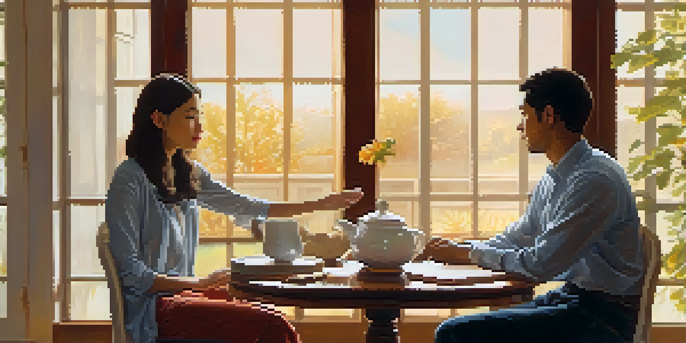 A calm negotiation between two individuals in a cozy room with warm colors and soft lighting, showing open body language and a teapot on the table.