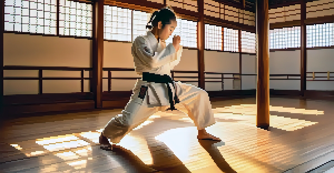 A young martial arts practitioner performing a high kick in a dojo, with wooden floors and warm sunrise light.