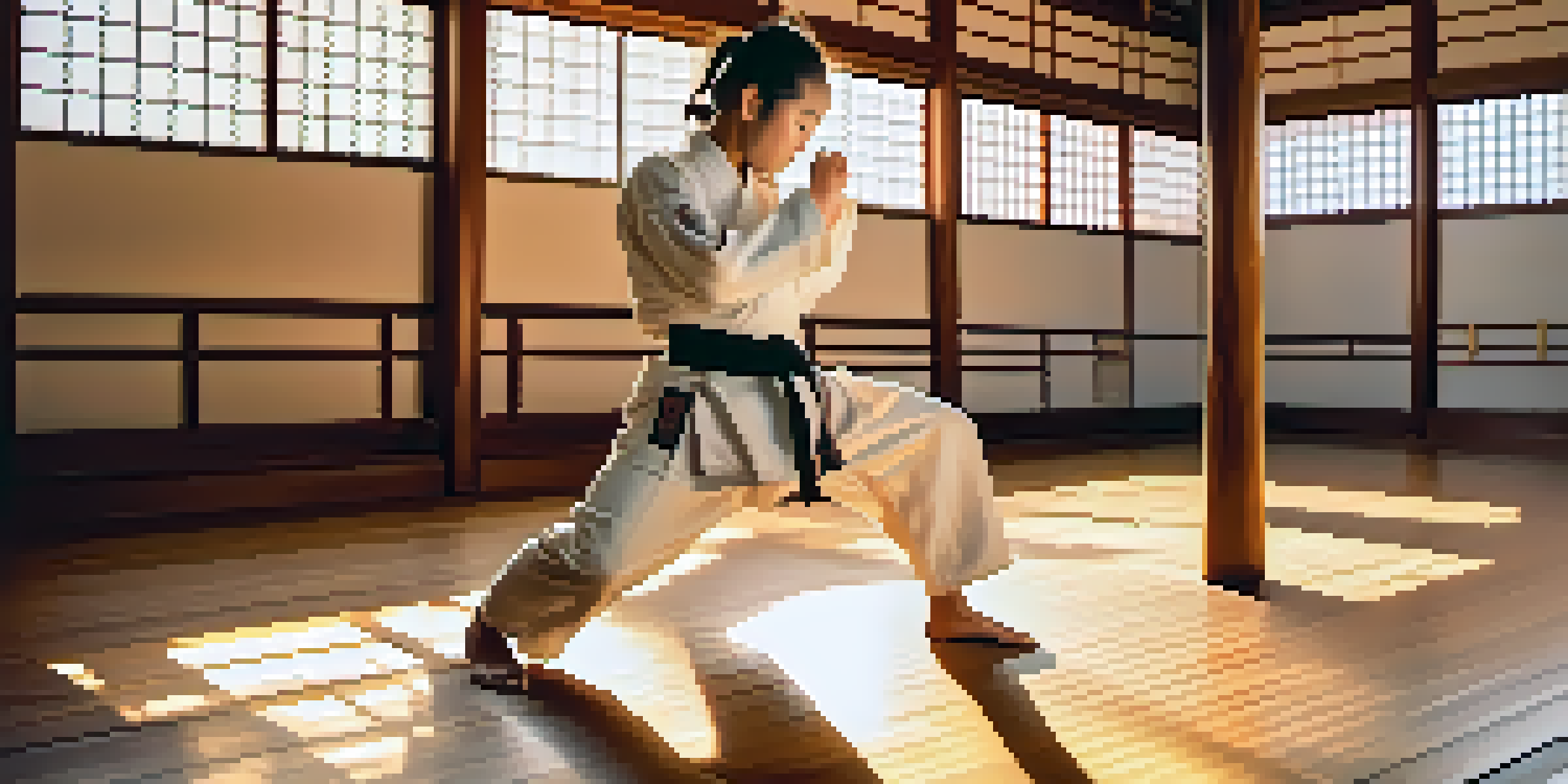A young martial arts practitioner performing a high kick in a dojo, with wooden floors and warm sunrise light.