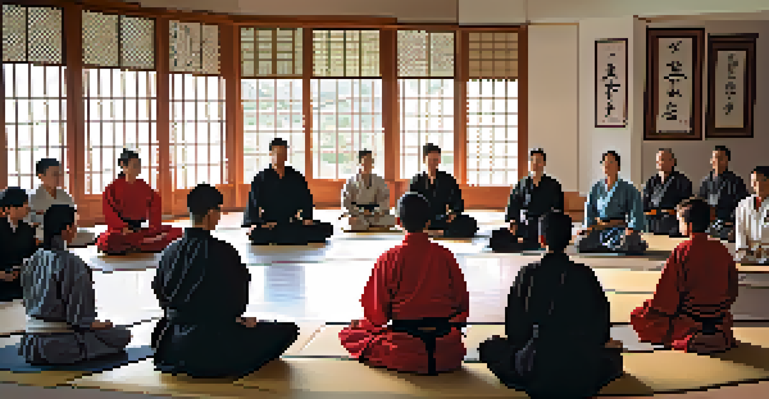 A martial arts instructor teaching deep breathing techniques to students in a calming dojo environment.