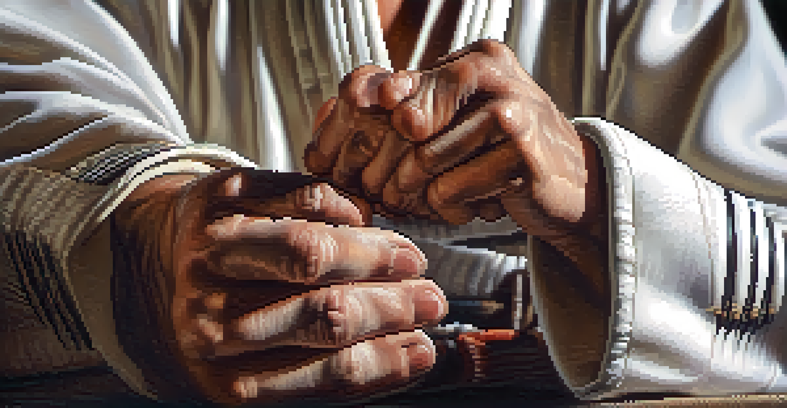 Close-up of a martial artist's hands in a meditative gesture, symbolizing mindfulness.