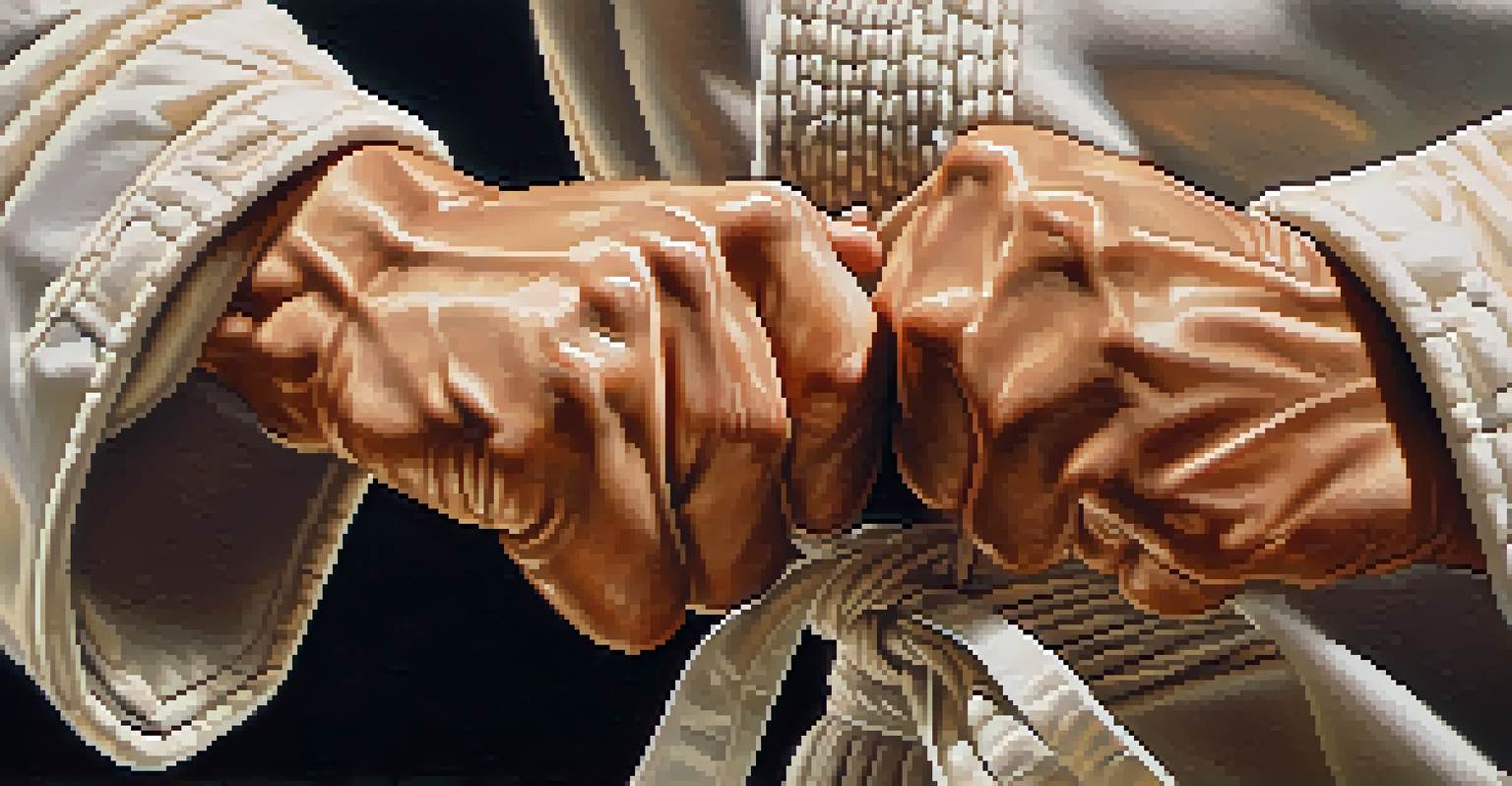 A close-up of a martial artist's hands executing a punch, highlighting the technique and protective gear.