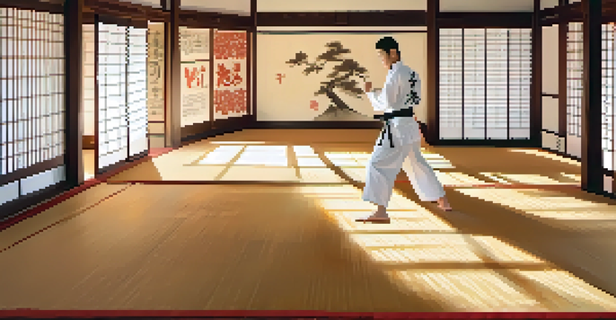A martial artist in a white gi practicing kata in a tranquil dojo with warm lighting and traditional decor.