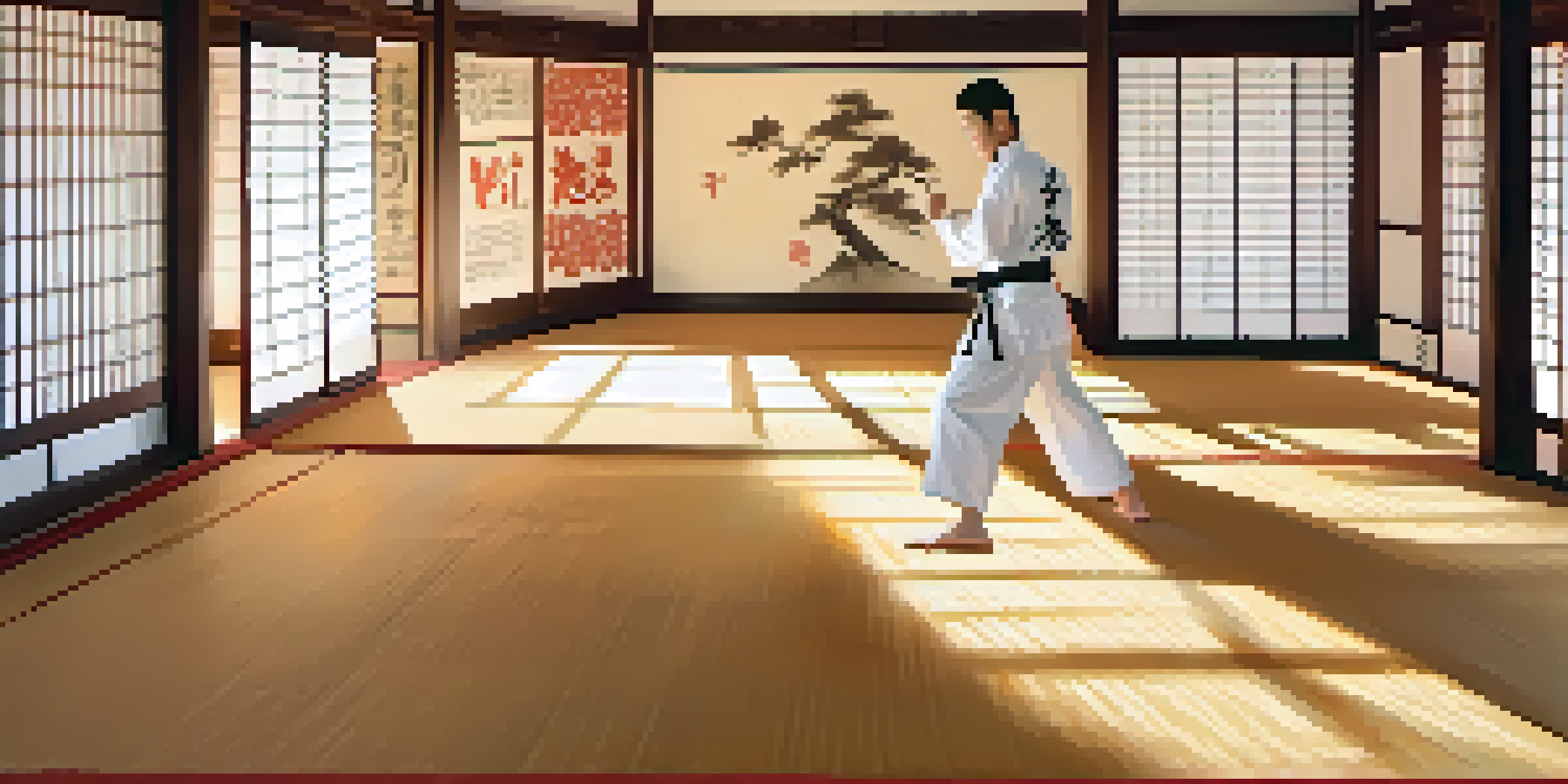 A martial artist in a white gi practicing kata in a tranquil dojo with warm lighting and traditional decor.