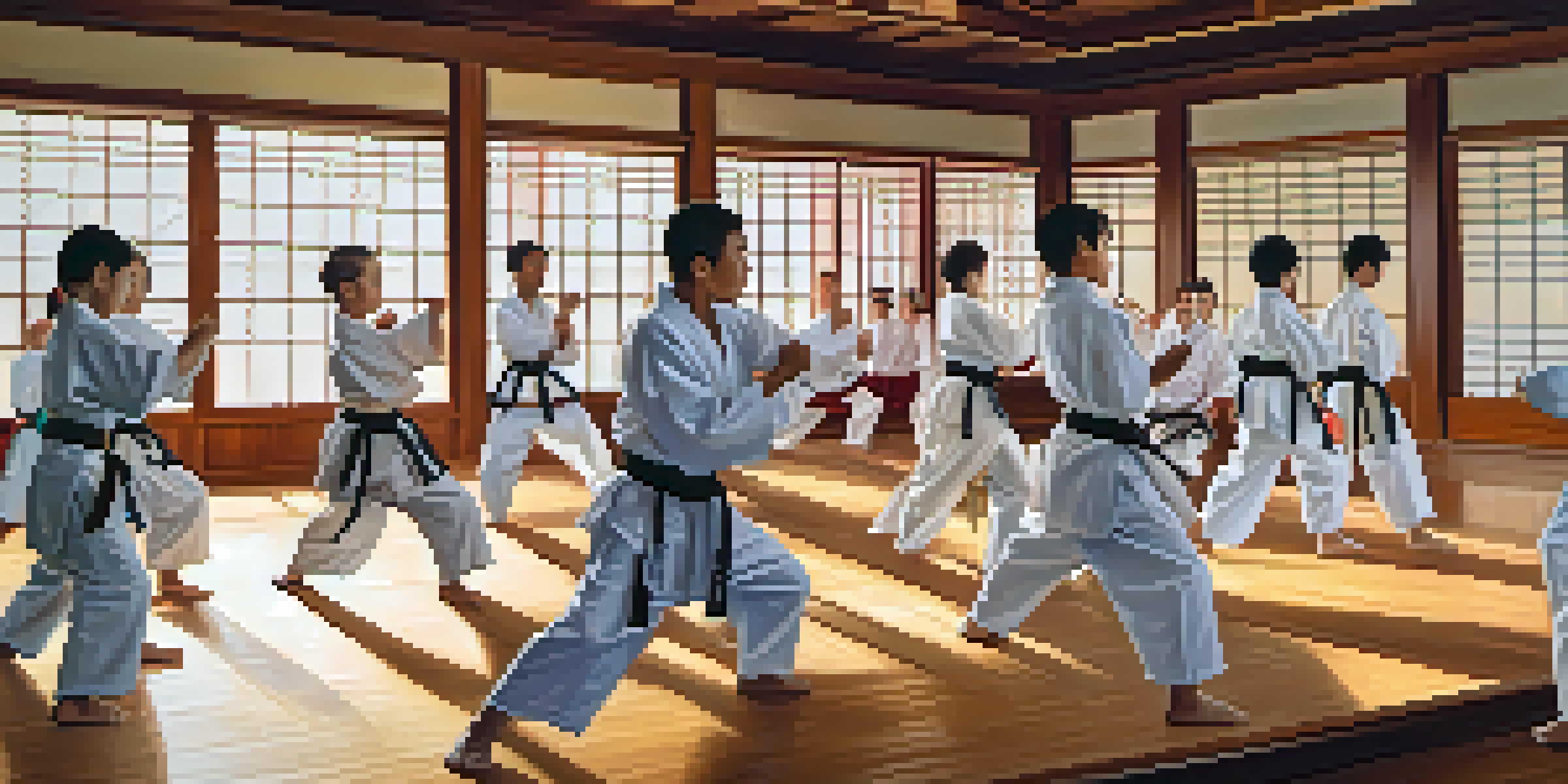 A vibrant dojo scene with students practicing martial arts techniques in pairs, highlighting teamwork and diverse backgrounds.