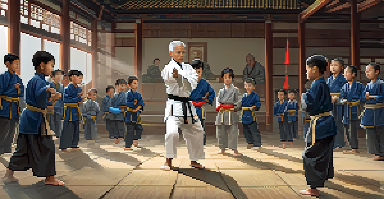 An elder martial arts master teaching young students in a traditional setting.