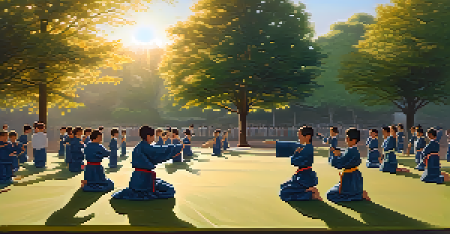 A diverse group of students practicing martial arts in a park during sunset, surrounded by nature.