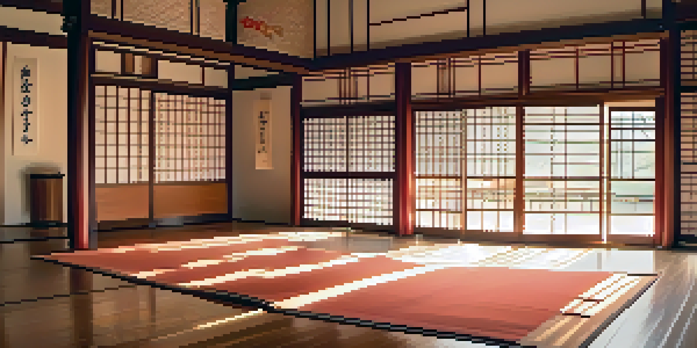 A peaceful martial arts dojo with practitioners in traditional uniforms performing movements. The wooden floor shines in morning light, and cherry blossom trees are visible outside.