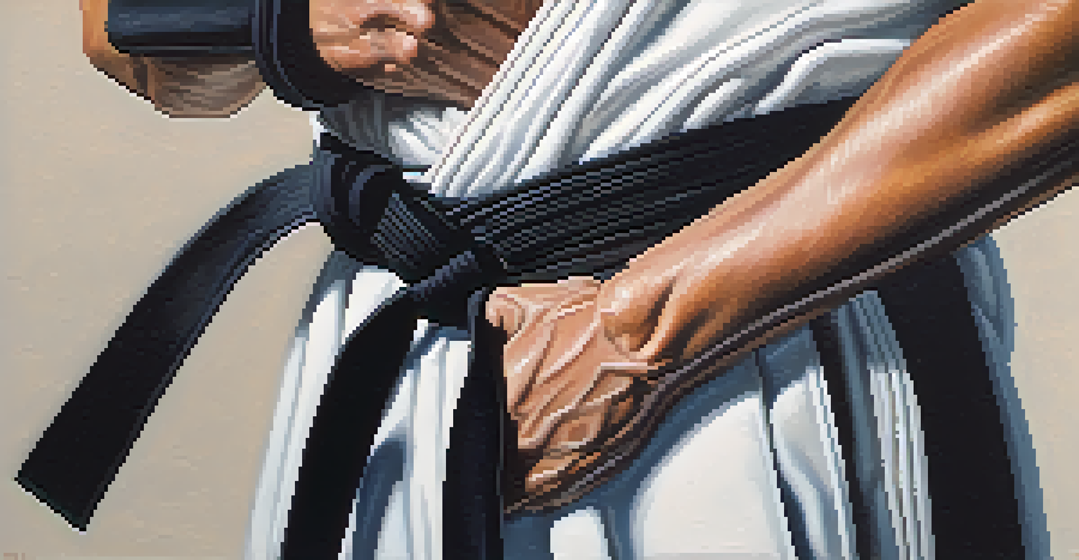 A close-up of a martial artist's hand holding a black belt, symbolizing achievement and focus.