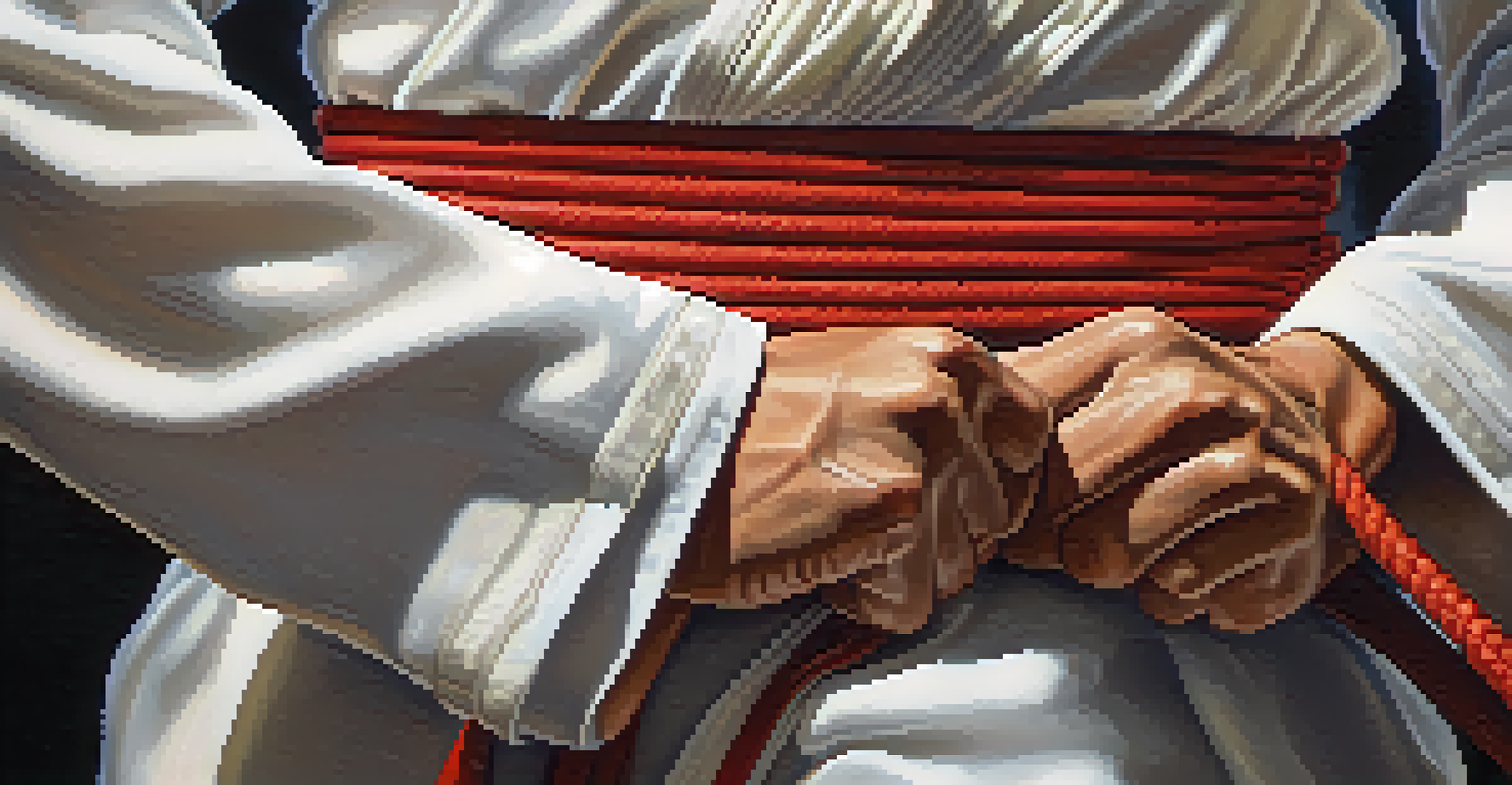 A close-up of a martial artist's hands holding a karate belt, emphasizing texture and color.