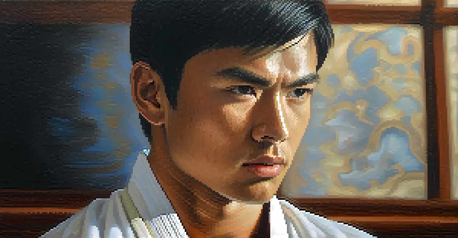 A close-up of a martial artist meditating, showcasing a calm expression and focused demeanor against a softly blurred background.