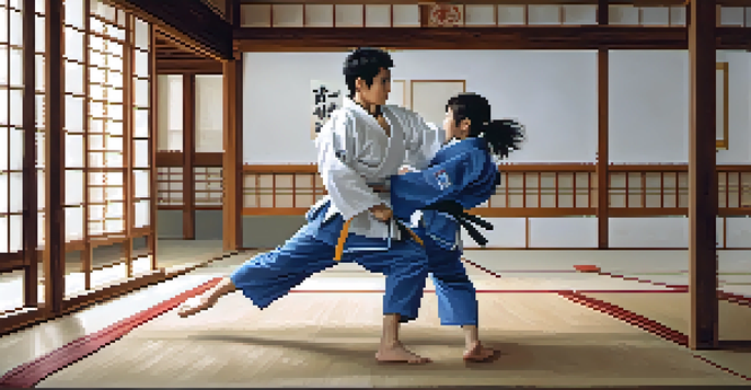 Two judokas performing a hip throw in a dojo, demonstrating focus and technique in a bright, engaging environment.